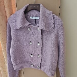 Zara Lavender Knit Rinestone Jewel Buttons Sweater NEW w TAG